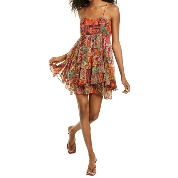 RAGA Metallic Boho Patterned Dress Flowy Mini Skirt Spaghetti Straps - Small - Picture 1 of 3